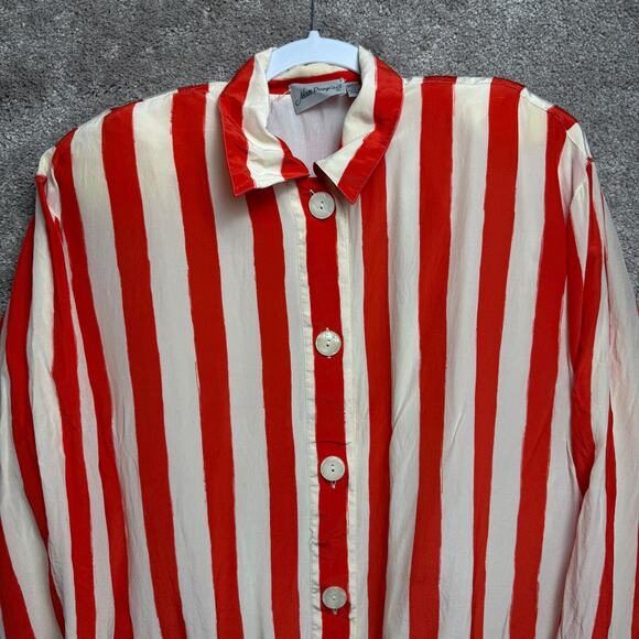 Vtg Silk Blouse Size M Orange Cream Striped Shirt Korean Retro Adam Douglass - Picture 2 of 4